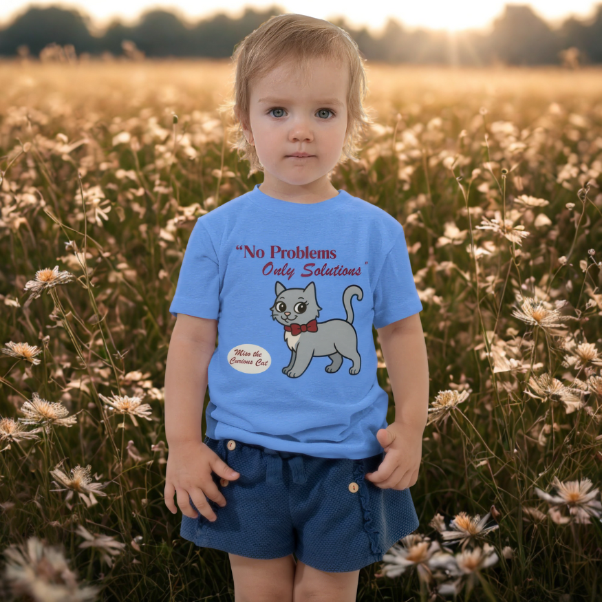 Child wearing a blue t-shirt with a cat graphic and text in a field of flowers